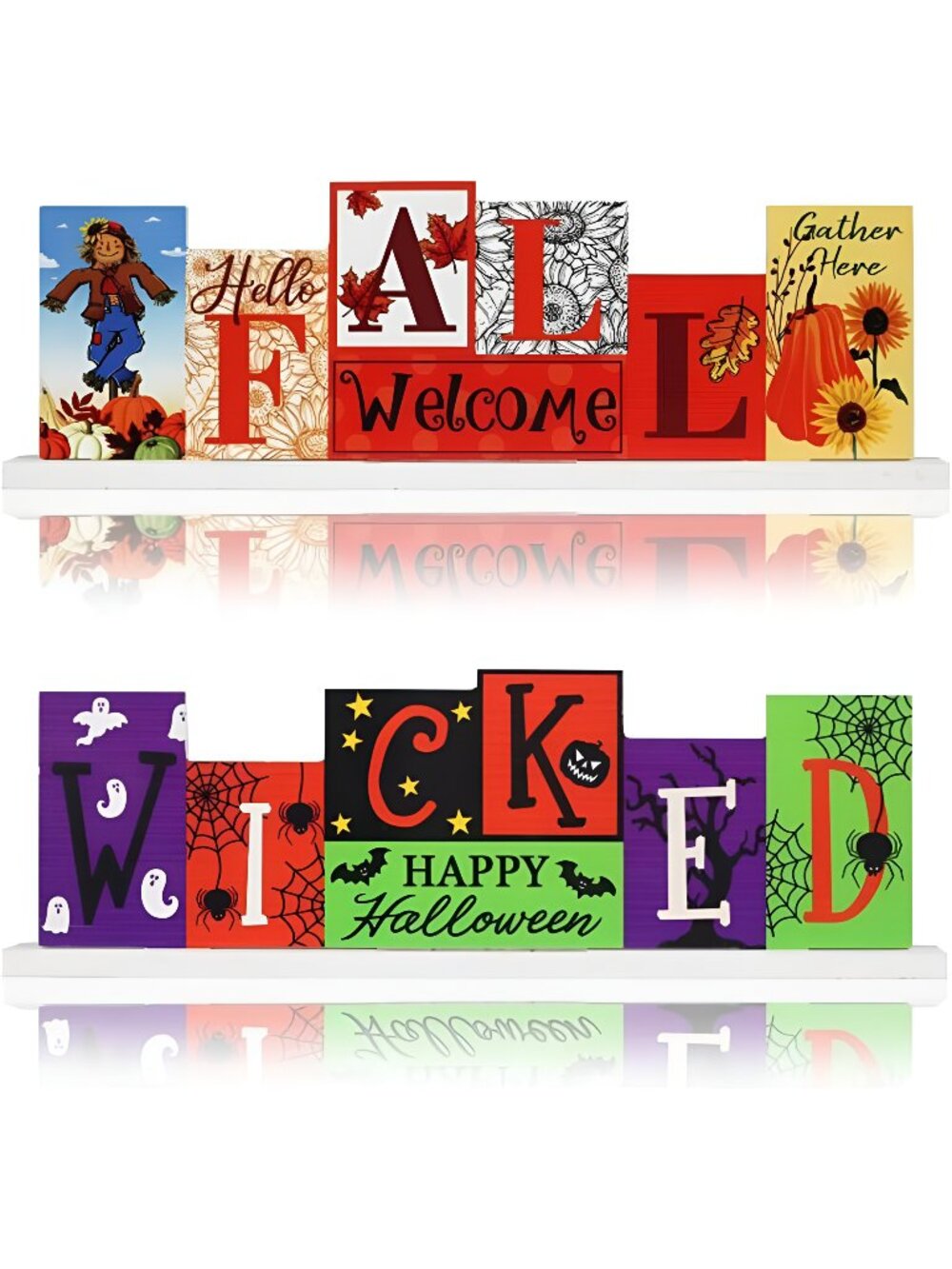 Fall Decor & Halloween Decorations Indoor, 1 PC Double-sided Wooden Decorations